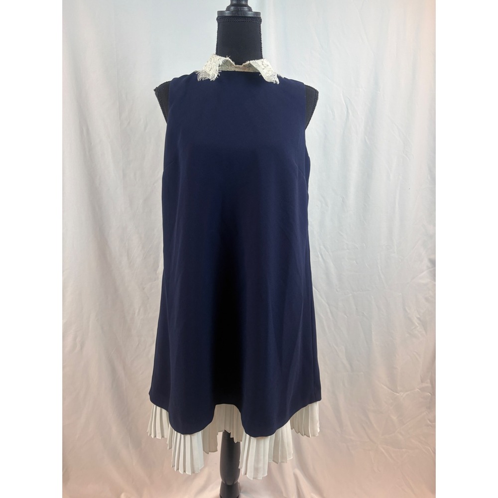 Nanette Lepore Navy Blue Shift Dress Lace Collar Pleated Hem Sleeveless Size 6 - Picture 2 of 14